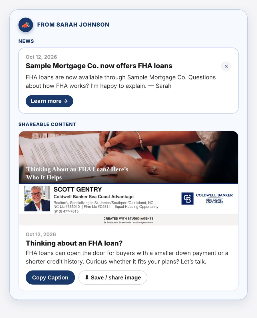 An agent's Planner showing News from their sponsoring loan officer, “Sample Mortgage Co. now offers FHA loans,” and a share-ready post with Copy Caption and Save buttons