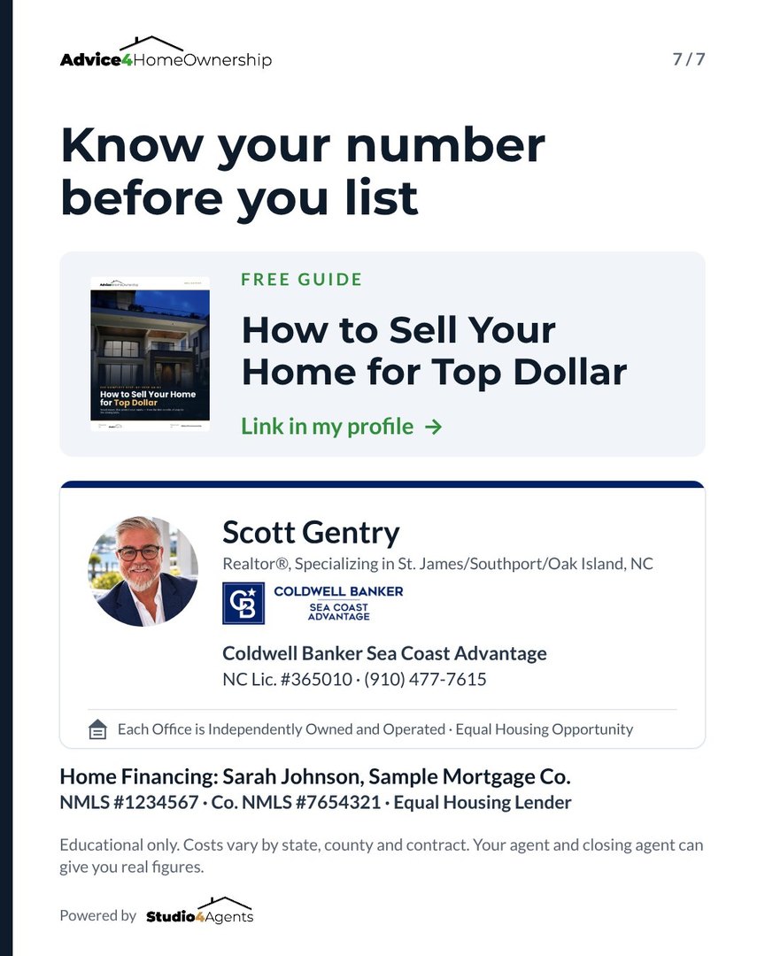The last slide of a Studio4Agents carousel: the agent's card, then a Home Financing credit with the sponsoring loan officer's name, company and NMLS numbers